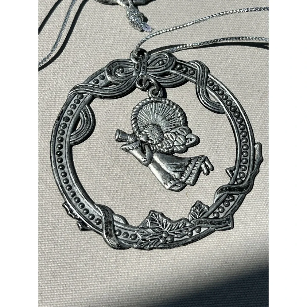 Vtg Pewter Christmas Ornaments 6 Round Cat Horse Angel Snowman Stocking Santa‎